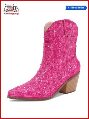 🎅 Rhinestone Cowboy Boots for Women Sparkly Ankle Cowgirl Boots